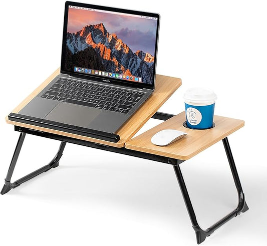 Laptop Desk for Bed Couch, Adjustable Foldable Bed Table with Cup Holder, Breakfast Serving Tray, Portable Laptop Lap Desk Stand for Working Reading Writing Eating Gaming in Bed Sofa Floor(Walnut)