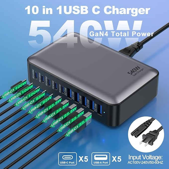 540W USB C Charger Block, 10 Port (5USBC+5UBSA) GaN III Fast Charging Station Hub, PD 100W and PD 65W Laptop Charger Adapter Compatible with MacBook Pro/Air, Lenovo, Dell, iPad, iPhone, Samsung