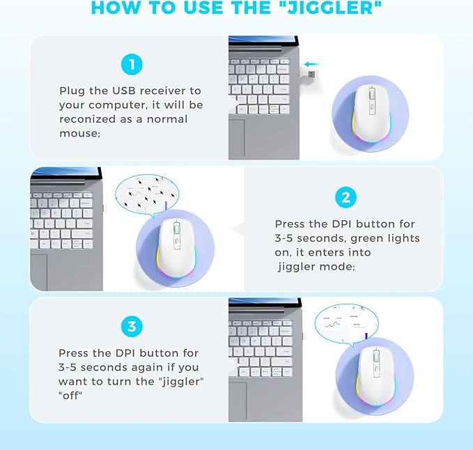 PEIOUS Mouse for Laptop Wireless - LED Wireless Mice with Build-in Jiggler Mover, Rechargeable Moving Mouse Undetectable Wiggler Keeps Computer Awake - White