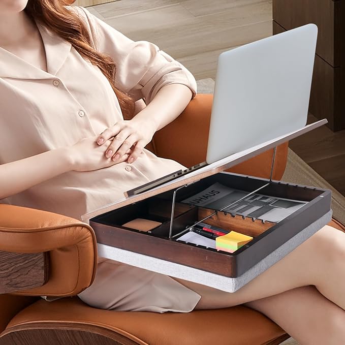 Acacia Wood Easel Lap Desk for Adults, Foldable, Fits up to 17.3 Inch Laptop with Storage and Cushion, Height Adjustable Laptop Pad for Writing, Drawing, and More