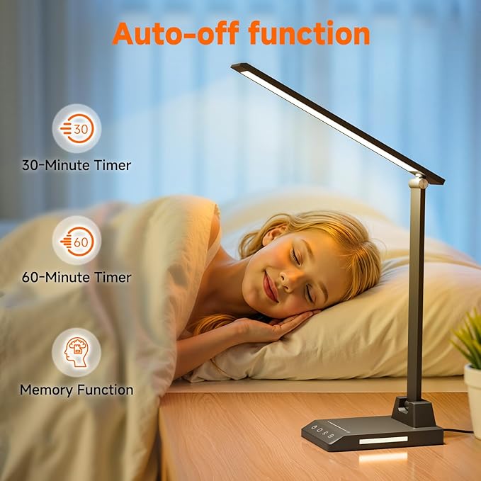 ShineTech LED Desk Lamp for Home Office, Dimmable Desk Light with USB C Charging, 25 Modes Brightness and Colors, Eye Caring Foldable Reading Light, Table Lamp for Study Nightstand