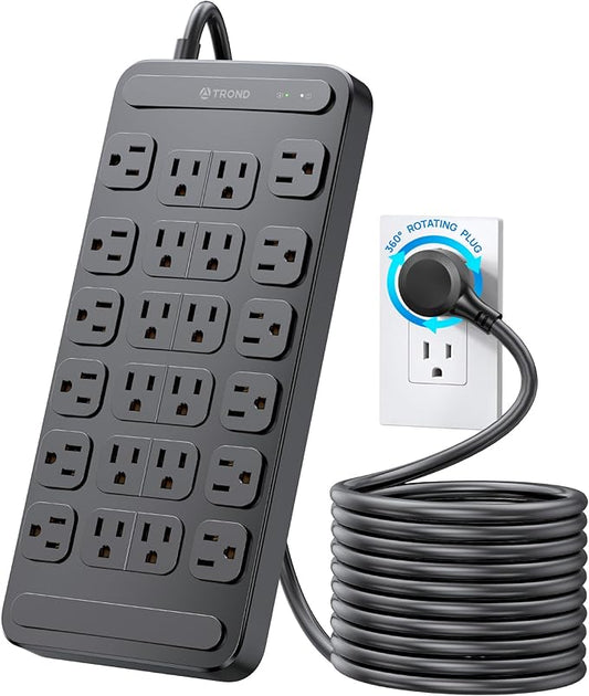 TROND Surge Protector Power Strip 360° Rotating Flat Plug, 24 AC Outlets, 4000 Joules, 15ft Heavy Duty Extension Cord 1875W, ETL Listed, Ideal for Gaming Office Home Dorm Room Essentials Black