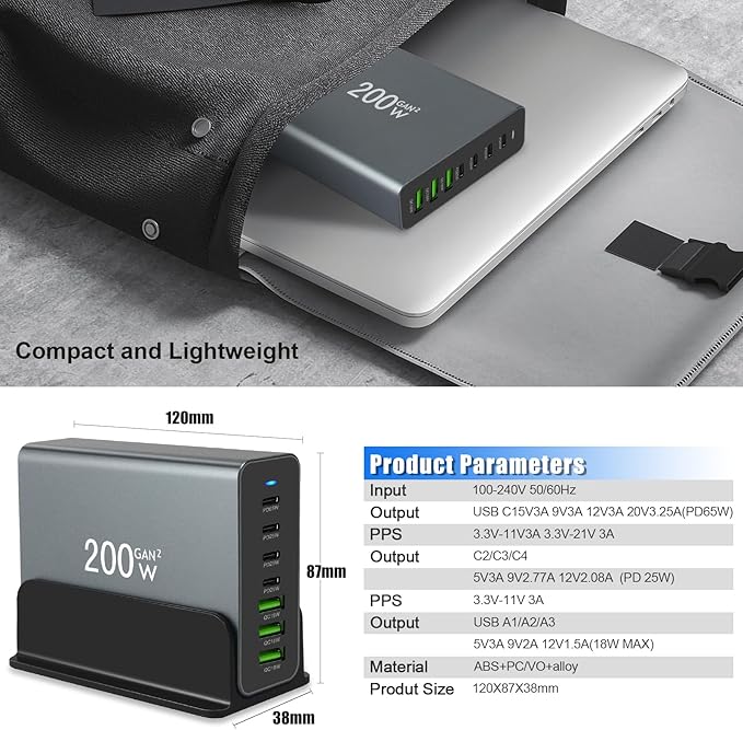 200W Multiple USB Charger Station, 7-Ports Aluminum Alloy USB C Charger Block with Max PD 65W, 4 PD Type-C, 3 QC A Ports Fast Charging Block, USB Charging Hub for Phones,Tablets,Laptop