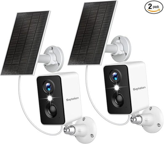 Septekon 2K Security Cameras Wireless Outdoor 2 Pack, Solar Battery Powered Camera with Two Spotlights, PIR Motion Detection Siren, Color Night Vision, 2-Way Audio, IP66 Waterpoof