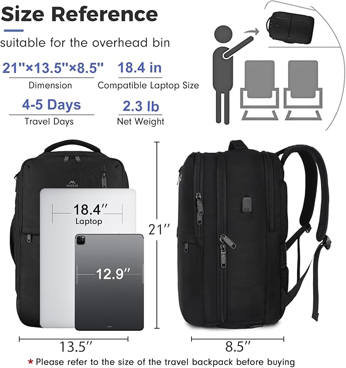 MATEIN Extra Large 45L Travel Laptop Backpack, Airline Approved Carry on Backpack with USB Port & Shoe Compartment, Water Resistant Luggage College Overnight Weekender Travel Bag Fit 18" Laptop, Black