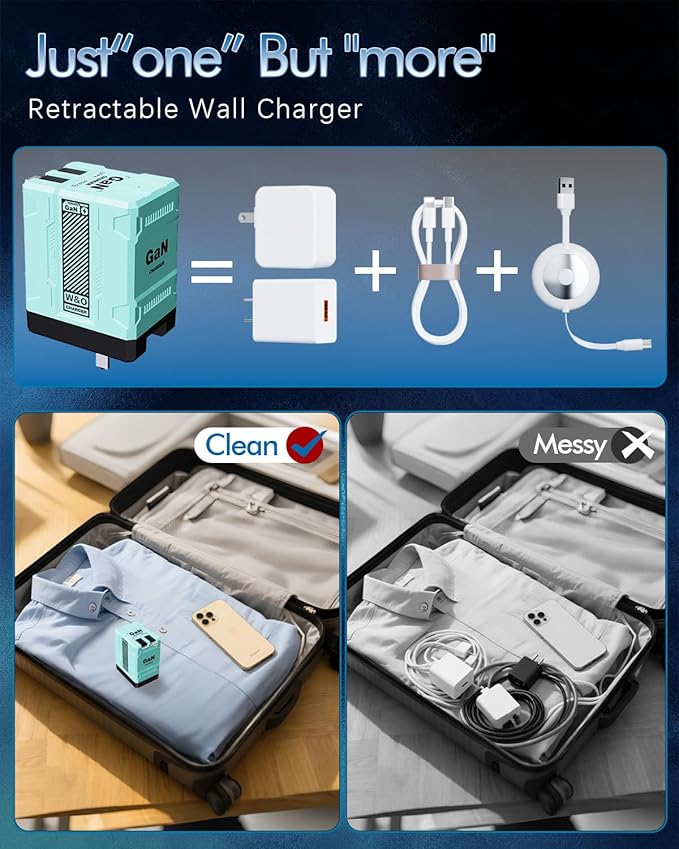 W&O 45W GaN Charger Fast Charging,Retractable Phone Charger Wall Plug with Lightening and Type-C Cables,for iPhone16/15/14/13/12/11 Series, Galaxy S25 24,Android and More (Blue)
