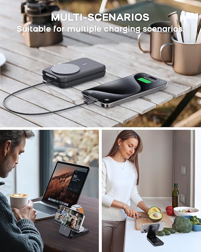 RORRY Portable Charger, 3-in-1 Charging Station 10000mAh Portable Charger Power Bank for MagSafe Foldable Battery Pack Travel for iPhone 16/15/14/13/12, for Apple Watch 10/9/8/7/6/5/Ultra/2, Black