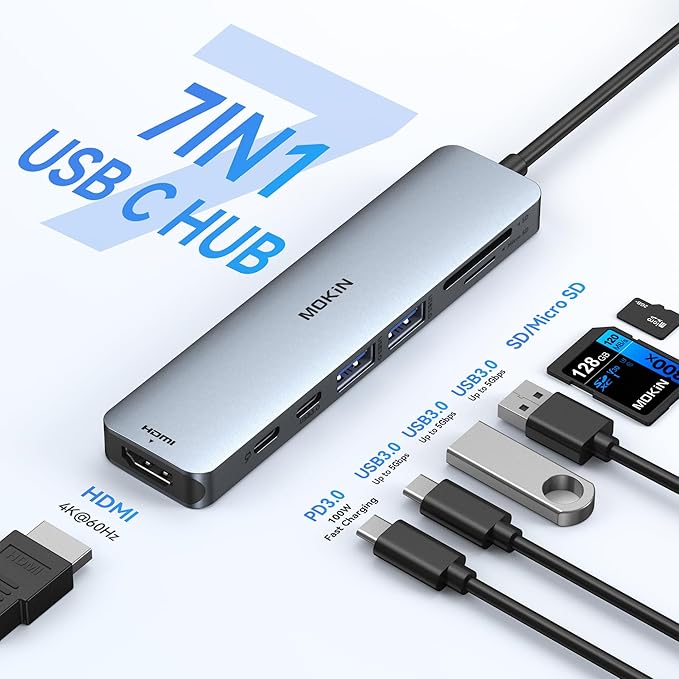 USB C Hub HDMI Adapter for MacBook Pro/Air, MOKiN 7 in 1 USB C Dongle with HDMI, SD/TF Card Reader, USB C Data Port,100W PD, and 2 USB 3.0 Compatible for MacBook Pro/Air, Dell XPS, Lenovo Thinkpad.