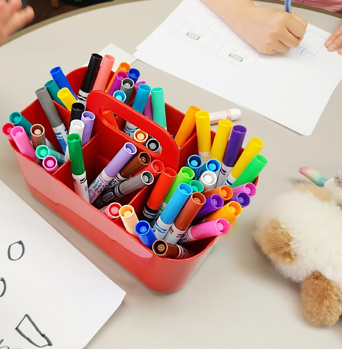 2 Pack Small 6 Compartment Multiuse Caddy Organizer with Handle Art Craft Supplies, Office, Desk, Stationery Pen Holder Stackable- Made In USA (Red)