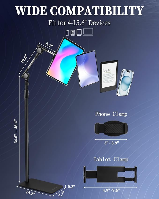 SHUWEI Tablet Floor Stand with Double Self-Locking Worm Gears, 70.9”Height Adjustable iPad Floor Stand with 7.5lb Stable Base, Compatible with 4-15.6'' iPad, Kindle, Phone, Portable Monitor, Whtie