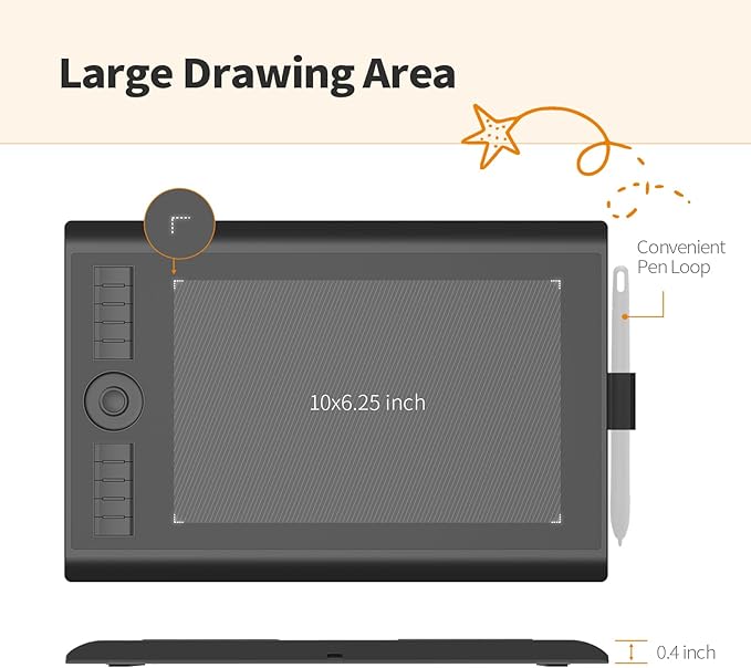 GAOMON M10K Drawing Tablet, 10x6 inch Large Graphics Tablet with Touch Ring, 8192 Levels Battery-Free Stylus, 10 Hot Keys, Art Tablet for Design, Writing, Editing, Work with Mac, Windows, Android