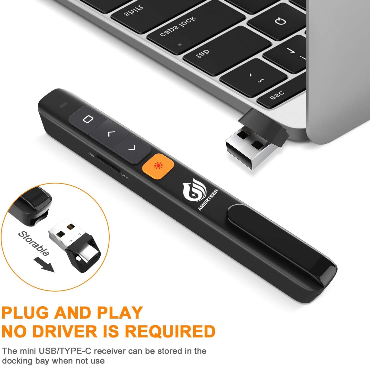 AMERTEER Wireless Presentation clicker for PowerPoint presentations with Hyperlink & Volume Control, RF 2.4GHz USB and Type-C for MacBook/Air/Pro