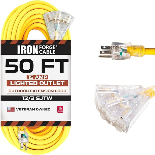 Iron Forge Cable 50 Foot Lighted Outdoor Extension Cord with 3 Electrical Power Outlets - 12/3 SJTW Heavy Duty Yellow Extension Cable with 3 Prong Grounded Plug for Safety, 15 AMP