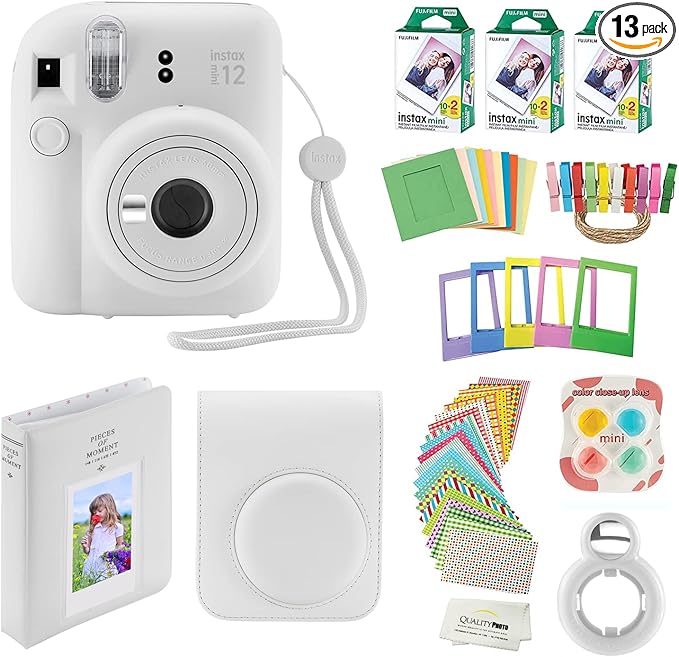 Fujifilm Instax Mini 12 Instant Camera + 60 Photo Prints + Accessories, Case, Decoration Stickers, Frames, Photo Album (Clay White)