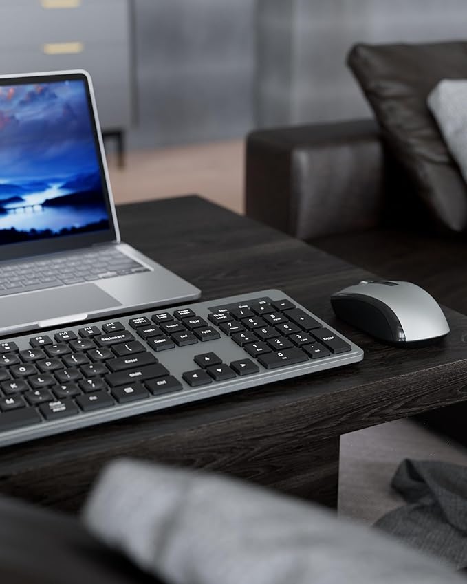 Wireless Keyboard Mouse Combo - 2.4Ghz Office Quiet Keyboard and Mouse Wireless - 104 Keys Full Size Ergonomic Keyboard for Laptop, Computer, PC, Notebook (Full Size Grey Black)