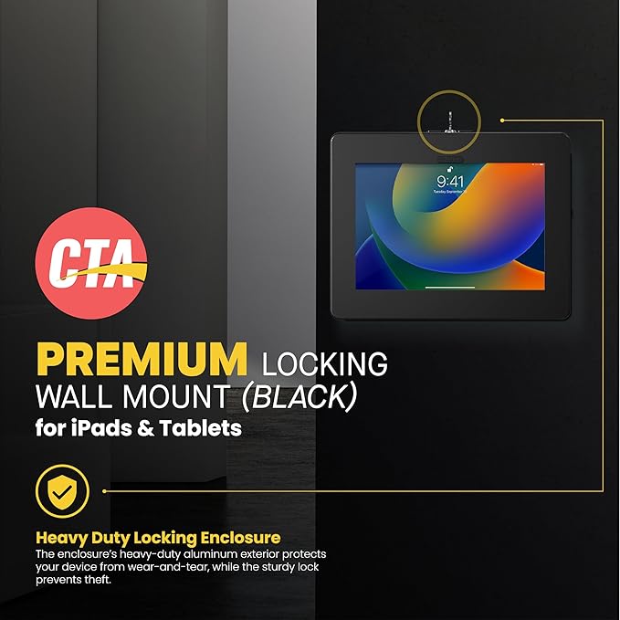 Locking iPad Wall Mount – CTA Anti-Theft Tablet Wall Mount For iPad 10th Gen 10.9-inch - iPad 7th/8/9 Gen - iPad Air 4 - Galaxy Tab - Lenovo Tab 4 - Zebra Tablets & More - Black - (PAD-PARAW)