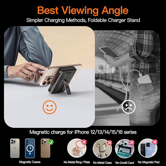 2025 Magnetic Battery Pack 16800mAh Mobile Power Bank, Portable Charger with Foldable Stand and Built-in Cable, 20W USB-C Fast Charging, Suitable for iPhone 17/16/15/14/13/12 Series