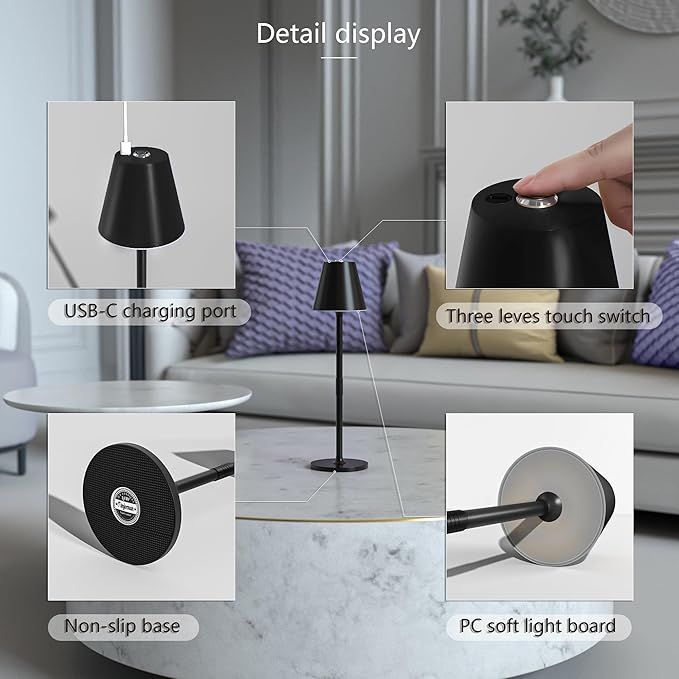 Modern LED Cordless Table Lamp, 4000mAh Rechargeable Battery, 3 Level Brightness Night Light, Metal Shell, Minimalist Design, for Couples Dinner/Coffee Table/Restaurant/Bedroom, Black