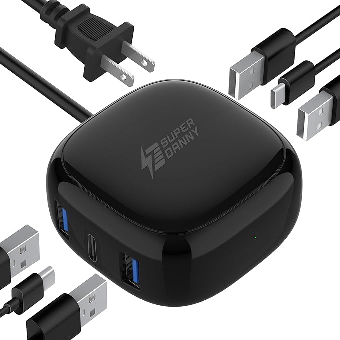 SUPERDANNY 6-Port USB Charger 8A, 40W Mini USB Charging Station, Charging Station for Multiple Devices, 4ft Cable, Compatible with iPhone, iPad, Galaxy, Pixel, for Travel, Cruise, Black