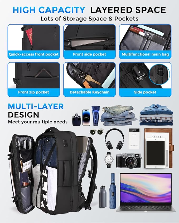 Travel Backpack for Men, Flight Approved Carry On Luggage Backpack with USB Port, Water Resistant Expandable Computer Daypack, 17.3 Inch Black Business Laptop Backpack for College/Work