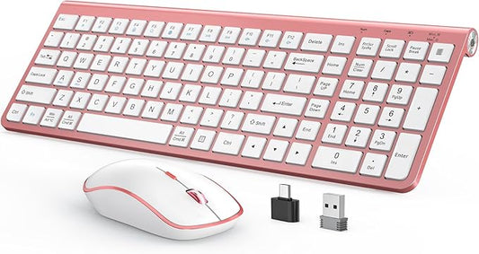 JOYACCESS Pink Wireless Keyboard and Mouse, Typewriter Keyboard Wireless, Ergonomic and Quiet Computer Mouse for for Desktop/PC/Laptop/Surface/Smart TV and Windows 10/8/ 7