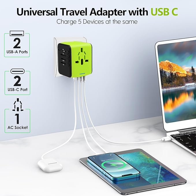 JMFONE International Travel Adapter 2 USB-C & 2 USB-A Ports and Multi AC Sockets,Universal Power Adapter Worldwide All in One High Speed 2.4A Perfect for 200+ Countries (Green)