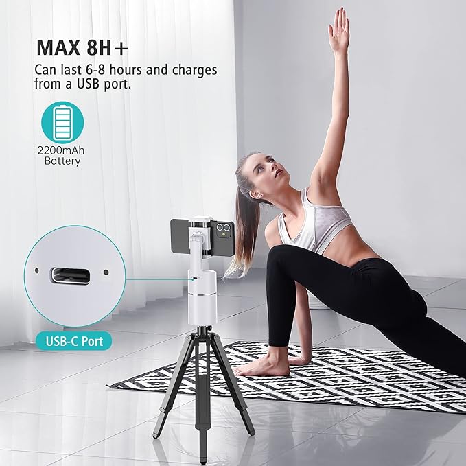 Auto Face Tracking Phone Holder, No App Required, 360° Rotation Face Body Phone Tracking Tripod Smart Shooting Camera Mount for Live Vlog Streaming Video, Rechargeable Battery-White