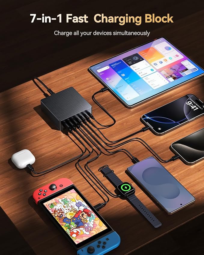 140W USB C Charger Block, GaN III 7 Port Fast Charging Station, PD 3.0 USB Wall Charger for Multiple Devices, Portable Power Strip Laptop Charging Hub Travel Adapter for iPad iPhone Samsung Android
