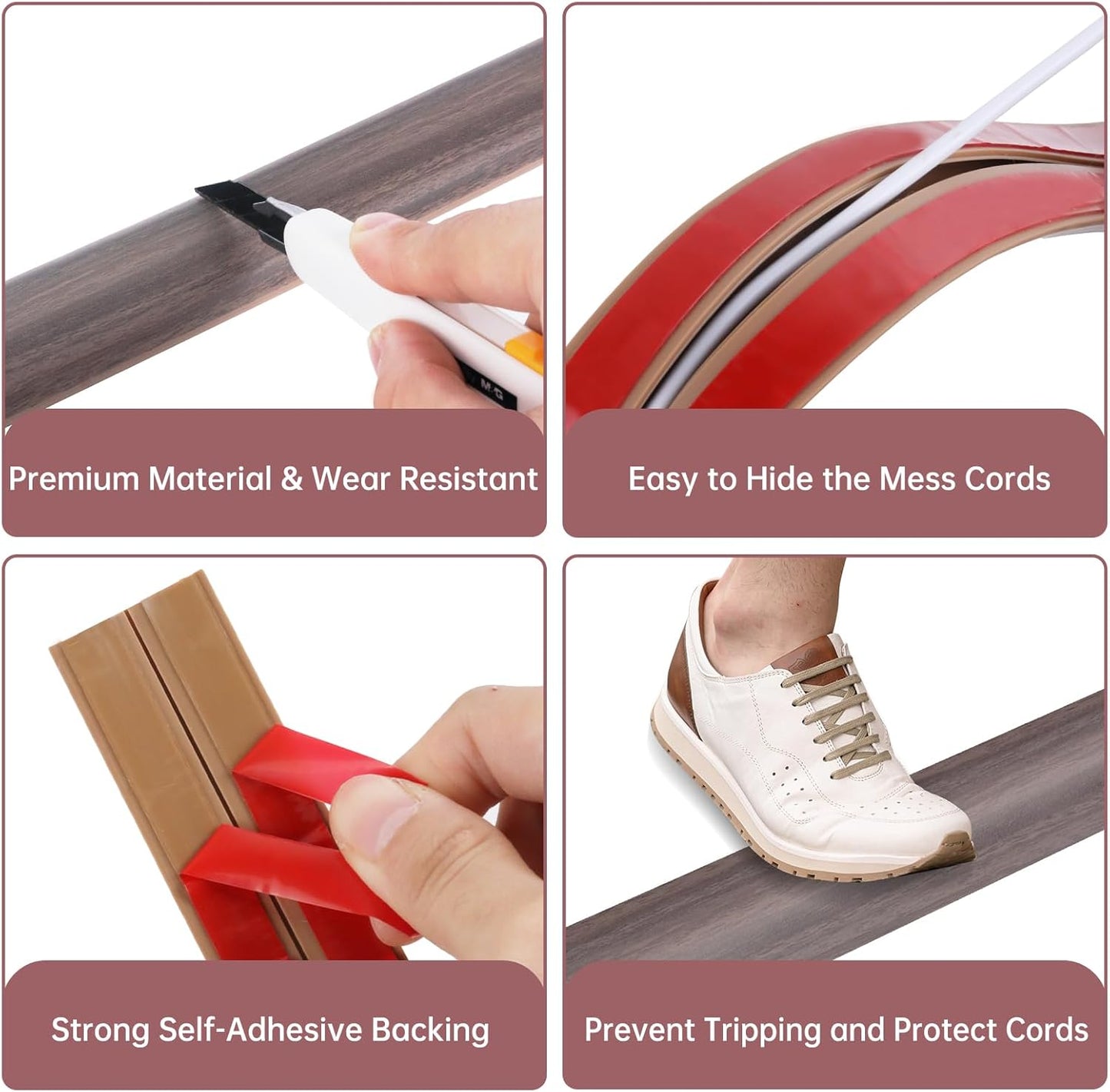 Floor Cord Cover Self Adhesive Cord Hider Floor Extension Cord Covers for Floor Power Cord Protector Cable Management Prevent Cable Trips Cable Cavity 0.51" W x 0.31" H (Brown Walnut Wood, 3.3Ft)