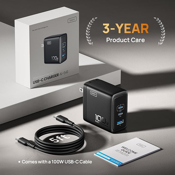 USB C Charger, INIU 3-Port 100W GaN Charger, Compact Foldable PD PPS USB C Wall Charger Block for MacBook Pro/Air, iPad Pro, Galaxy S23, Dell XPS 13, Note 20/10+, iPhone 16/15, Steam Deck, White