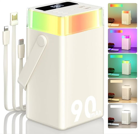 Power Bank 90000mAh Battery Pack High Capacity 35W PD Fast Charging, 6 Ports & Built-in Cables, RGB Mood Light(12 Modes) &LED Camping Flashlight for Indoor/Outdoor Camping Home Travel Emergency-white