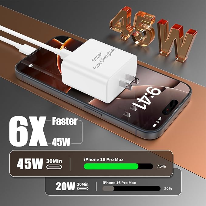 iPhone 17 16 Pro Max Charger Fast Charging, 45W Super Fast USB C Chargers for iPhone 16 (6FT+6FT+10FT) Type C Chargers Cord with Fast Charger Block for iPhone 17/16/15 Series/iPad/ GalaxyS24