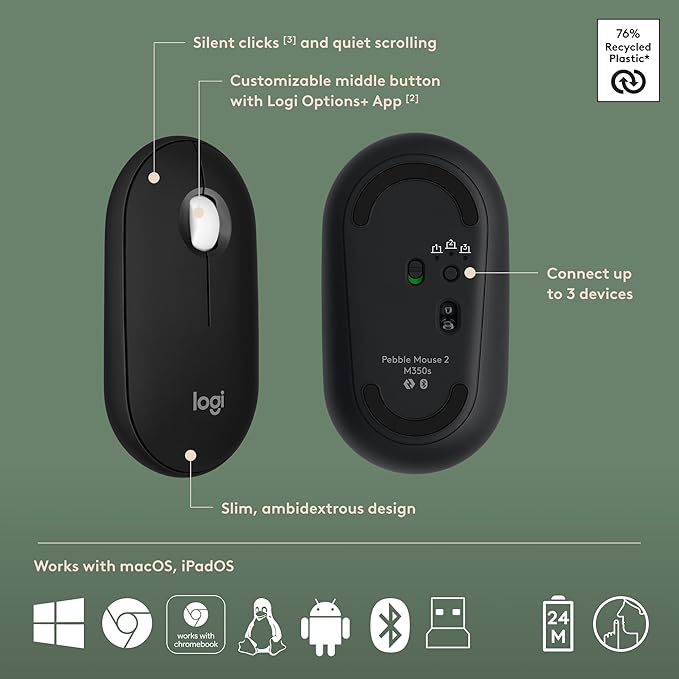 Logitech Pebble 2 Combo, Wireless Keyboard and Mouse, Quiet and Portable, Customizable, Logi Bolt, Bluetooth, Easy-Switch for Windows, macOS, iPadOS, Chrome - Black