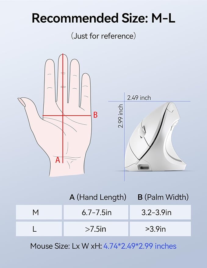 TECKNET Ergonomic Mouse, Rechargeable Vertical Ergo Mouse Wireless, Silent 2.4GHz 6 Buttons Optical Carpal Tunnel Mouse, 5 Adjustment Levels, Up to 4800DPI Wireless Mouse for Laptop, Desktop - White