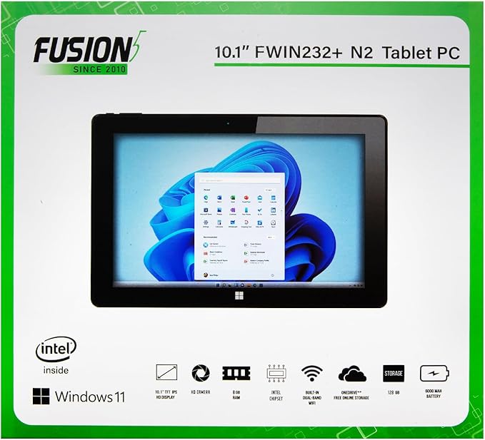 Fusion5 10" Windows 11 Professional FWIN232 Plus N2 Ultra Slim Windows Tablet PC - 8GB RAM, 128GB Storage, USB 3.0, Micro HDMI, IPS HD Display, 5MP and 2MP Cameras, Bluetooth