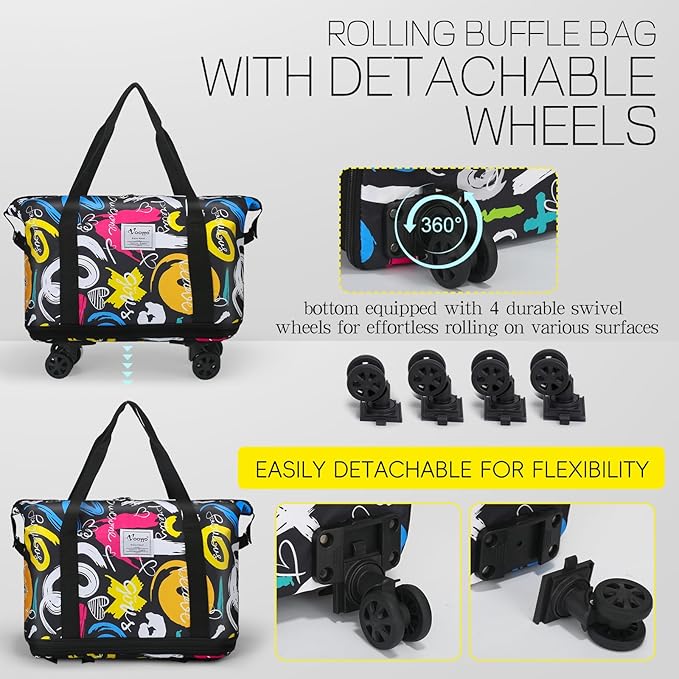 VOOWO Duffel Bag with Wheels - Rolling Foldable Expandable Duffle Bag with Wheels for Travel, Rolling Luggage Carry On Bag with Wheels, Large Rolling Backpack Weekend Bags for Men Women (Black)