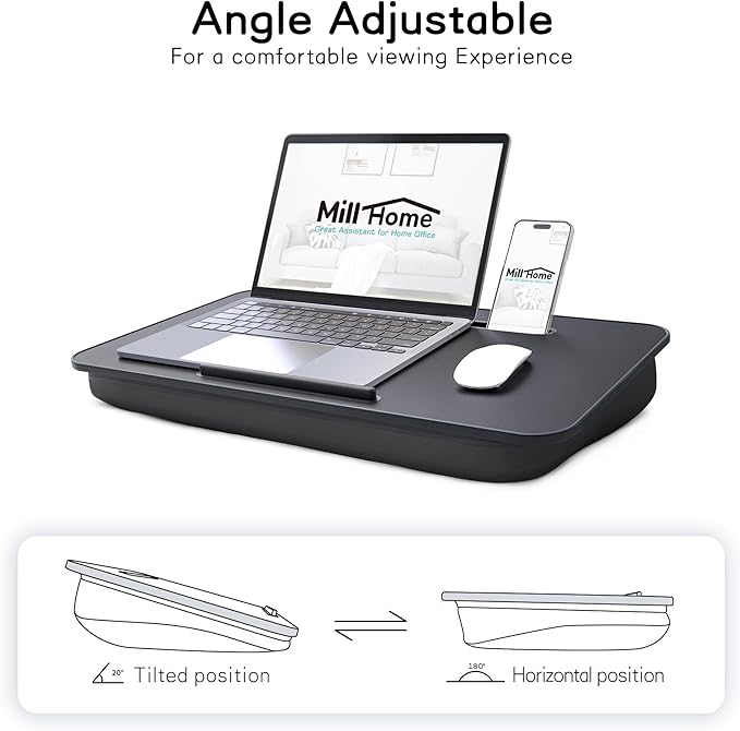 Lap Desk, Lap Desk with Cushion, Fits up to 17 inch Laptop, Pillow Designed, Portable Laptop Stand with Tray, Pad & Phone Holder, Home Office for Bed/Couch/Car/Reading/Writing,MillHome (Black)