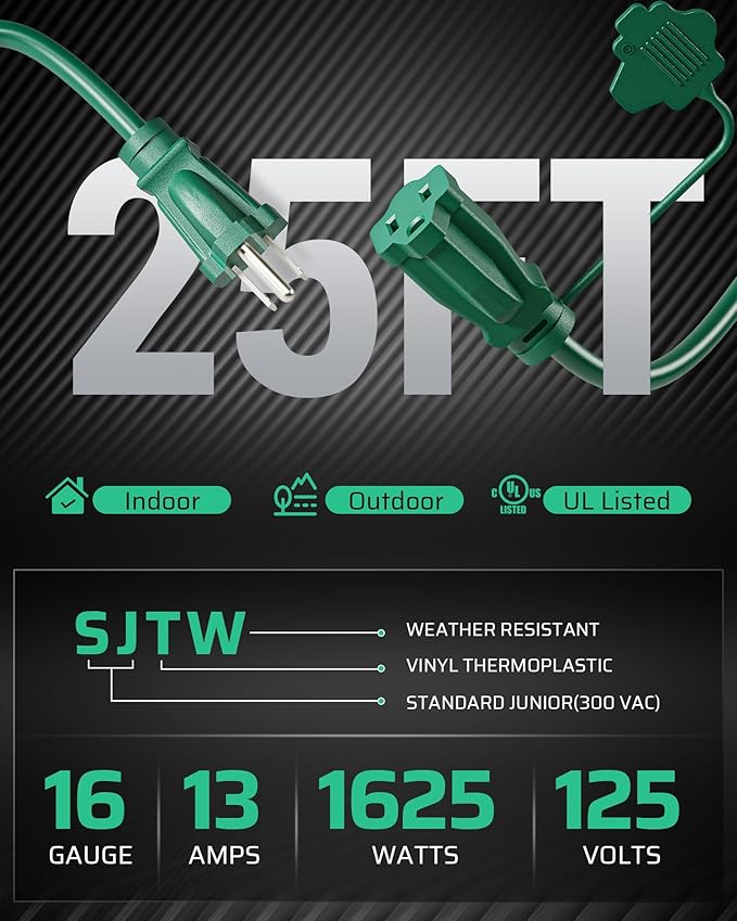 DEWENWILS 25Ft Outdoor Extension Cord, Evenly Spaced 3 Outlets Plugs with Safety Cover, 16/3 SJTW Weatherproof Wire for Outdoor String Lights, UL Listed