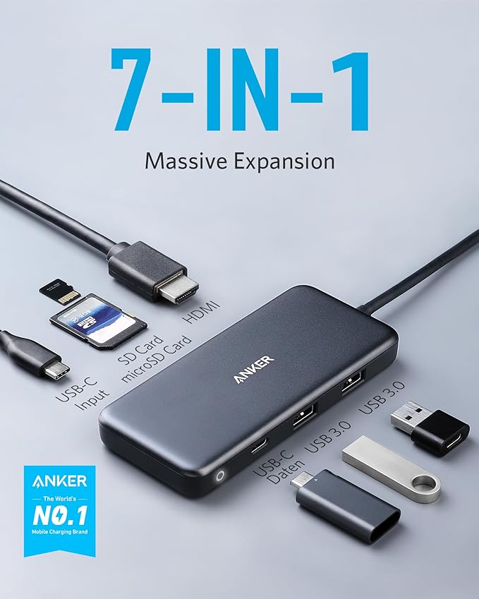 Anker USB C Hub (7-in-1), with 4K HDMI, 85W Power Delivery, USB-C and 2 USB-A 5Gbps Data Ports, microSD and SD Card Reader, for MacBook Air, MacBook Pro, XPS, and More