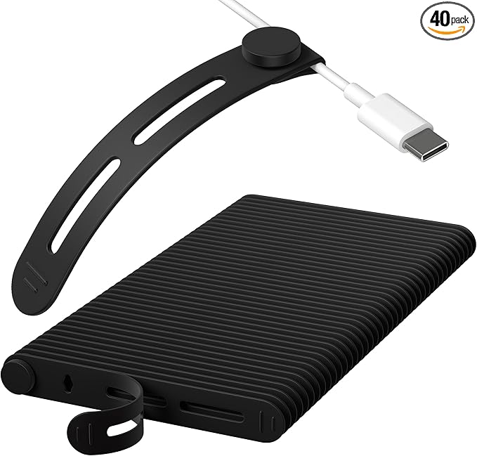 40Pcs Nearockle Reusable Cable Ties, Adjustable Silicone Cord Organizer Small Zip Ties for Charging Cords Earphone Computer Wire, Office Desk Cable Management Travel Accessories(Black)