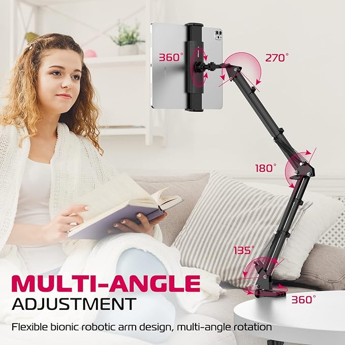 ULANZI T2 Adjustable Tablet Holder for Desk, Carbon Steel Tablet Phone Stand for Bed, Flexible Tablet Arm Clamp Compatible with iPhone 17 16 15 Pro iPad Kindle Galaxy Tab 4.6-12.9 Inch Devices