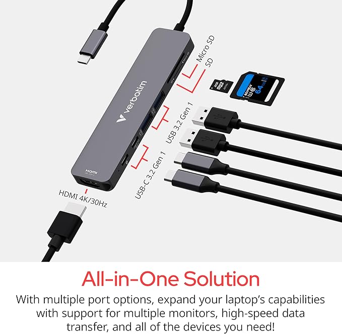 Verbatim USB-C Essentials Multiport Hub – 7 Ports: (2) USB-A 3.0/3.2 Gen 1, (2) USB-C 3.0/3.2 Gen 1, SD and Micro SD Card Slots with 4K HDMI and Up to 100W Power Delivery