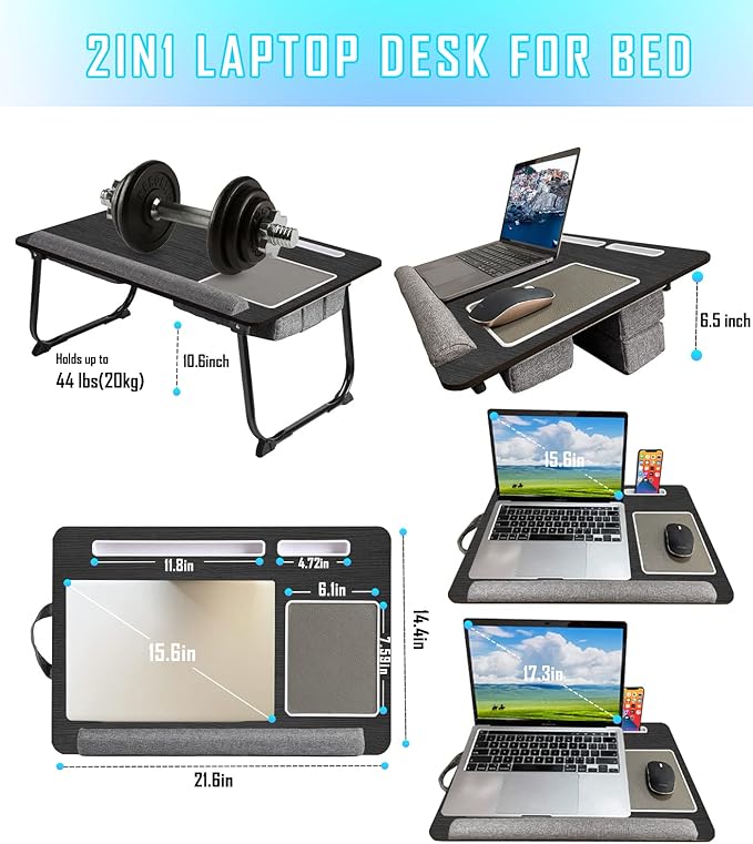 QUDODO Lap Desk - Large Bed Desk,17In Foldable Laptop Bed Tray Table with Adjustable Dual Cushion Wrist Rest & Mouse Pad,Portable Wood Laptop Stand for Bed Sofa,Multifunctional Slot for Tablet & Phone
