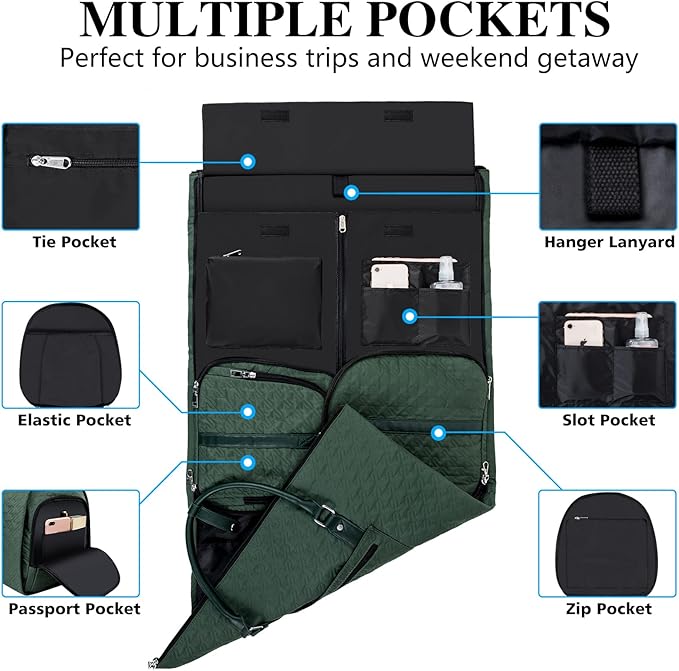 Garment Bag for Travel With Toiletry Bag Convertible Carry On Weekender Bag Large Travel Duffel Bags for Women 2 in 1 Hanging Suitcase Suit Travel Bags for Women & Men 3pcs Set (H-Green)