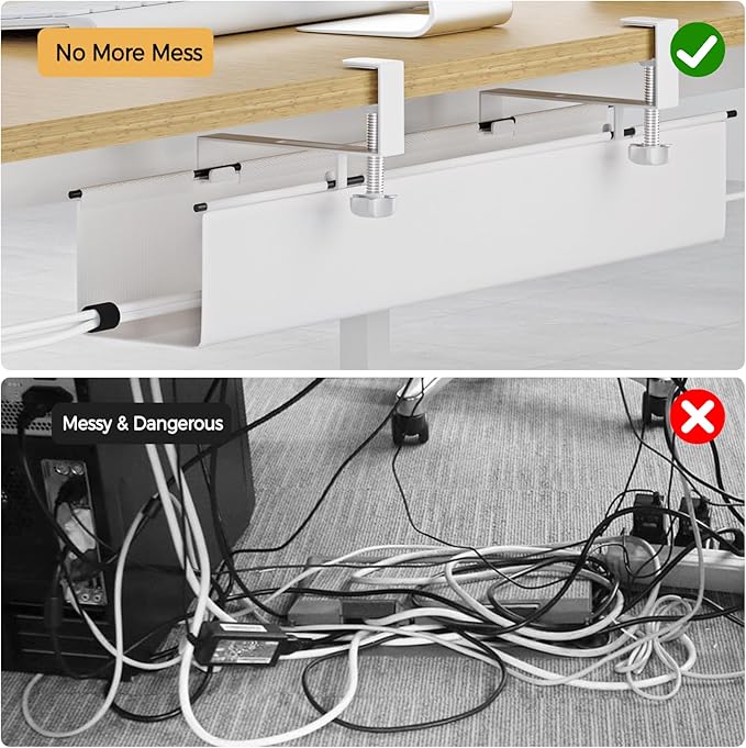 Under Desk Cable Management Tray 27.2" - No Drill Computer Wire Organizer Cable Tray, Fabric Cord Hider Clamp Mount, with 16X Cable Ties PC Cables Management Cord Holder for Office/Home (White)