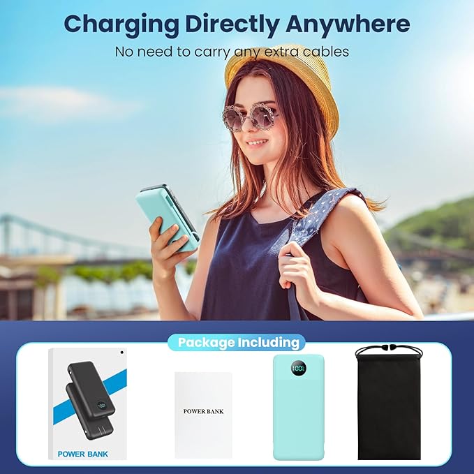 Portable Charger 33800mAh USB C Power Bank with Built-in Cables & AC Wall Plug,25W Fast Charging+QC 4.0 Phone Charger,4 Output LCD Display Battery Pack Compatible with iPhone16/15,Samsung,Android etc