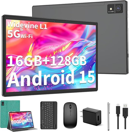 Android 15 Tablet with Keyboard - 10 inch Tablet, 16GB+128GB, 1TB Expand, Octa-Core, 2.4G/5G WiFi, 8000mAh, BT V5.0, GMS Certified, Widevine L1, Split-Screen, with Case, Mouse, Stylus(Green)