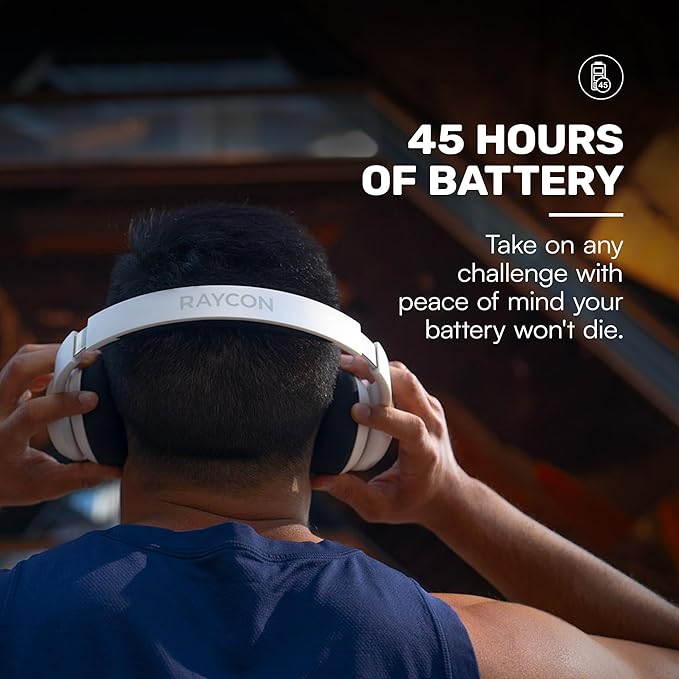 Raycon Fitness Headphones - Wireless Over-Ear-Headphones with 45 Hours of Battery, Active Noise Cancellation, Awareness Mode, 3 Quick Swap Ear Cushions, IPX4 Water Resistance (White)