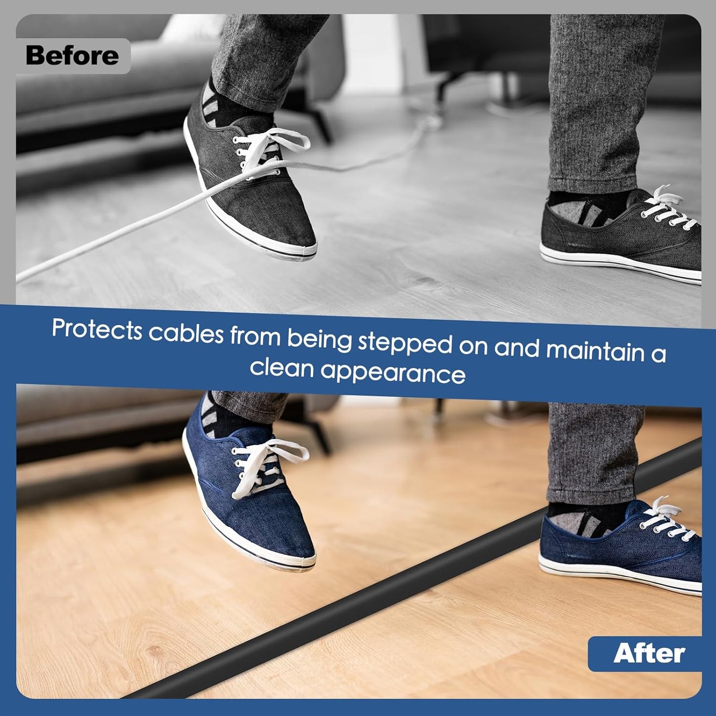 Floor Cord Cover for Wires on Floor Self Adhesive Cord Hider Floor Cable Management Wire Covers for Cords Protector Prevent Cable Trips Cord Cavity W 0.47" x H 0.27", Black, 20Ft