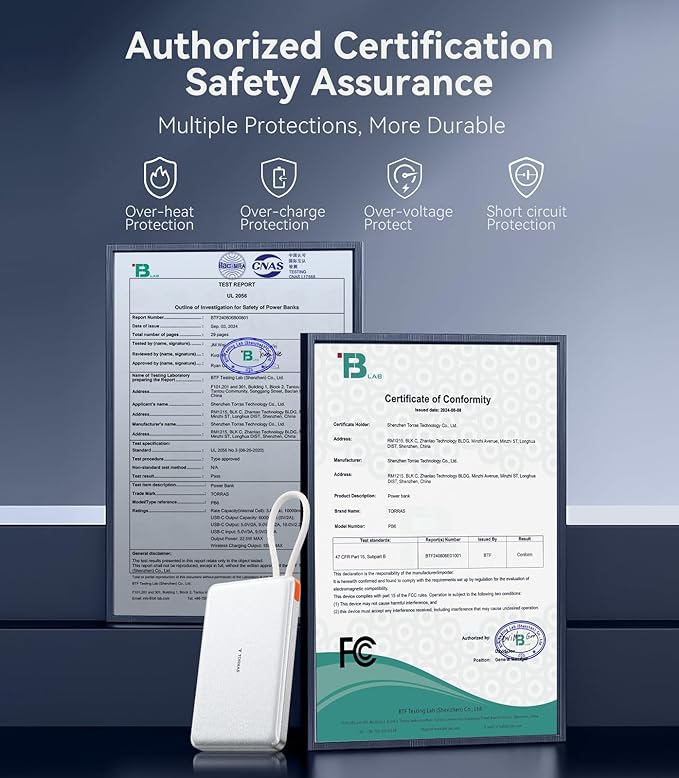 TORRAS Power Bank with Built-in USB-C Cable, Ultra-Slim 10,000mAh Portable Charger USB C, 22.5W Fast Charging Battery Pack for iPhone 17/16/15 Series, Phone air, Galaxy, Pixel, White (No-Wireless)